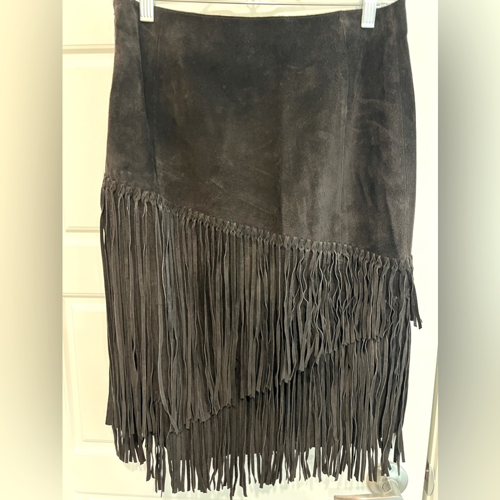 SOLD - Elie Tahari brown suede asymmetrical fringe skirt size 4